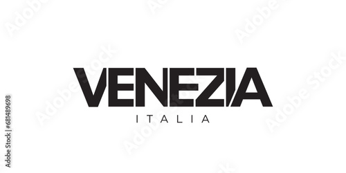 Venezia in the Italia emblem. The design features a geometric style, vector illustration with bold typography in a modern font. The graphic slogan lettering.