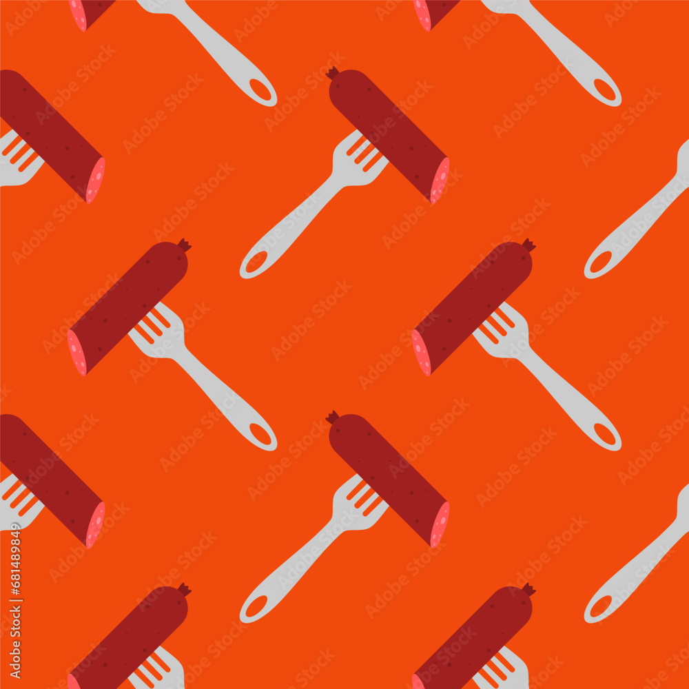 Sausage on a fork seamless pattern on color background. seamless pattern with grilled sausage on fork for kitchen, textiles, wallpaper, clothes and other