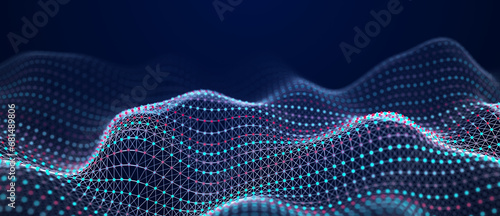 Abstract blue background of points and lines. Wave of particles. Network. Cyber structure. Big data stream. 3d rendering