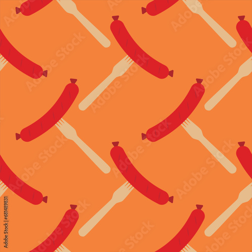 Sausage on a fork seamless pattern on color background. seamless pattern with grilled sausage on fork for kitchen, textiles, wallpaper, clothes and other