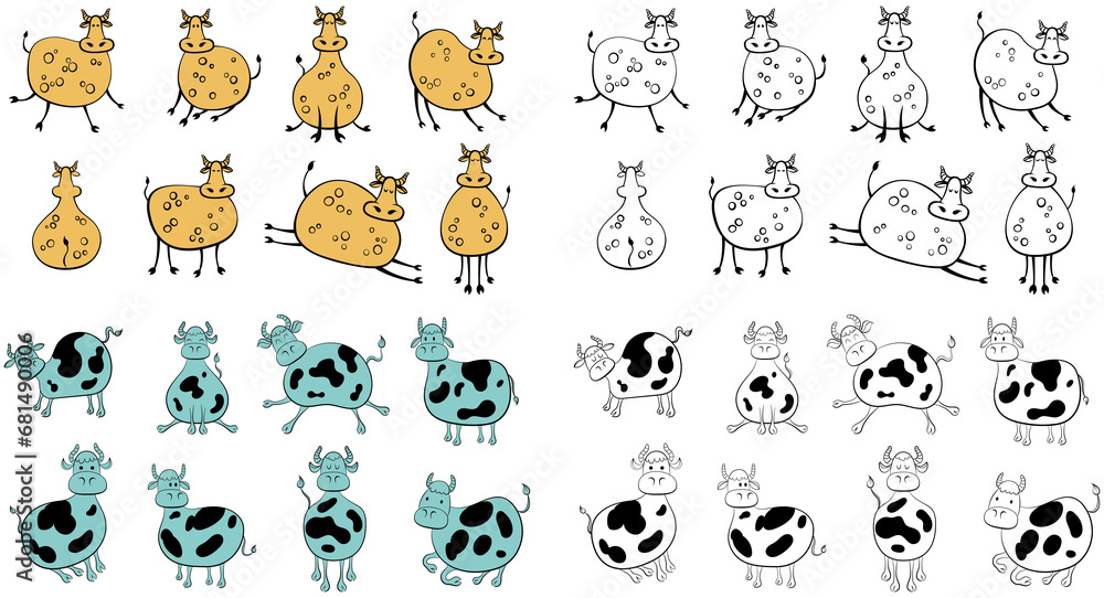 Set of farm animals hand drawn. Illustration of cow poses isolate on white. Cute designs doodle style.