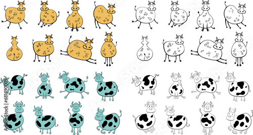 Set of farm animals hand drawn. Illustration of cow poses isolate on white. Cute designs doodle style.