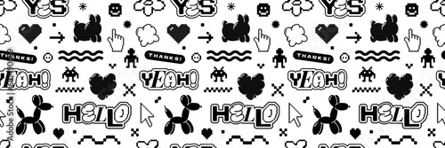 Bubble and pixel Y2k retro seamless pattern. Balloon abstract shapes and 8bit icons background.