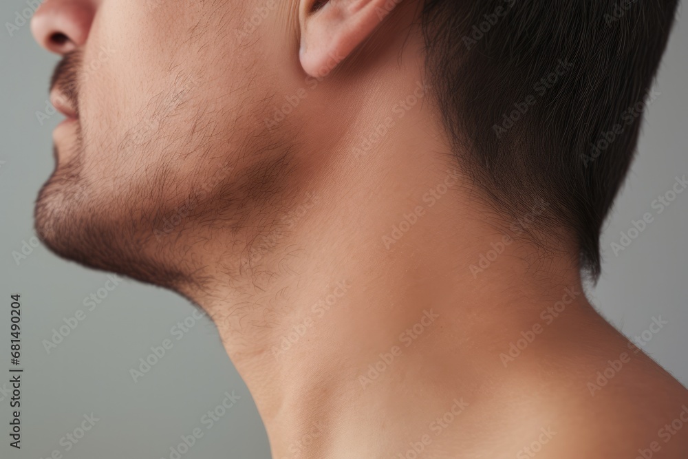 Closeup Of Mans Neck. Сoncept Macro Photography, Human Anatomy, Texture Exploration, Portrait Detail, Body Part Focus Closeup Of Mans Neck. Сoncept Macro Photography, Human Anatomy, Texture Exploration, Portrait Detail, Body Part Focus