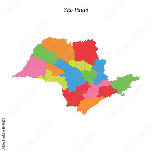 Colored map of São Paulo, state Brazil, with borders regions