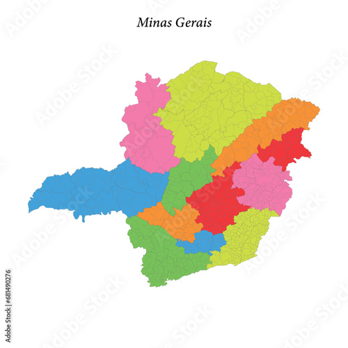 Colored map of Minas Gerais, state Brazil, with borders regions