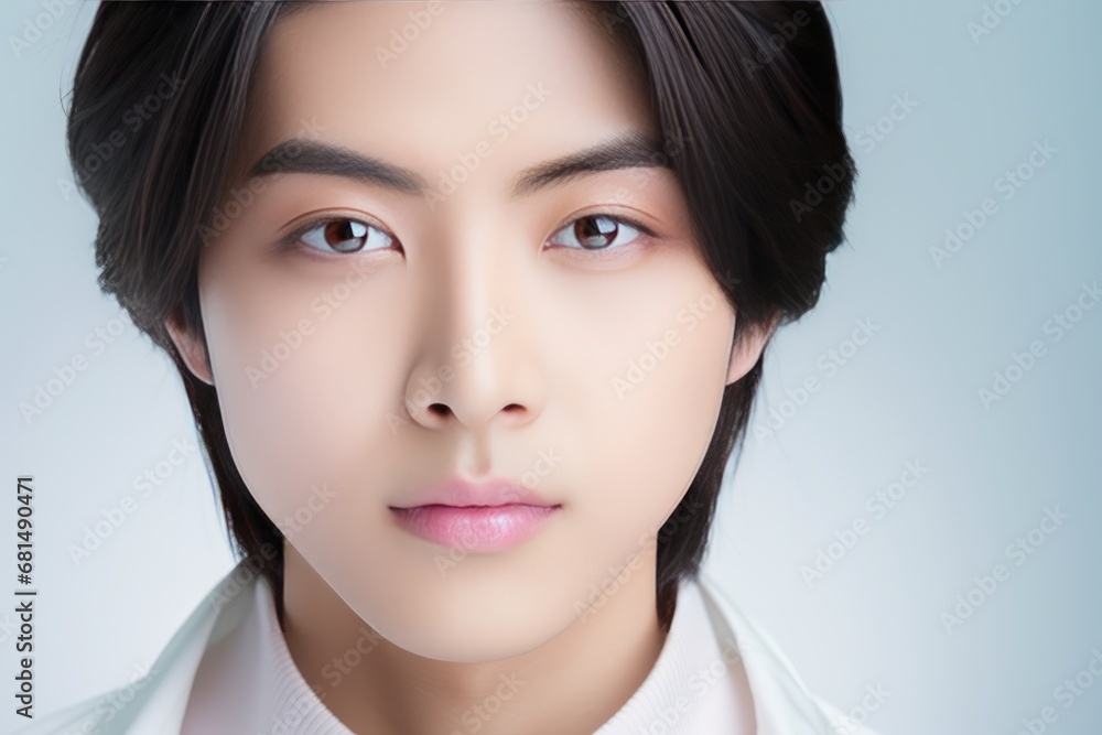 Handsome Asian Man On Pale Gray Color Background Handsome Asian Man On Pale Gray Color Background