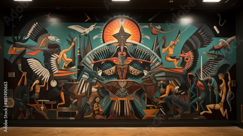 an intricate mural showcasing the mythology of the Egyptian gods