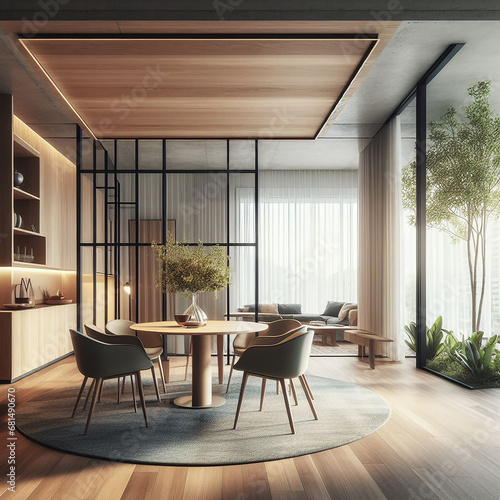 a modern dining area within an open concept space. Explore creative ways to delineate the dining space while maintaining a sense of openness.