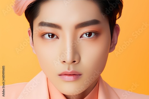 Handsome Asian Man On Peach Color Background