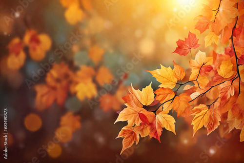 Autumn leaves on bokeh background. Autumn background with copy space