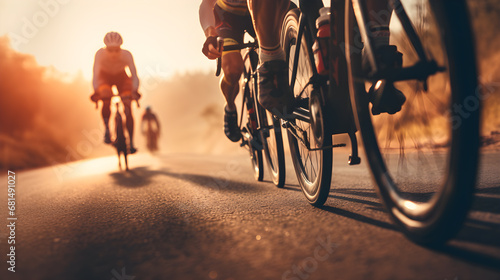 Close up group of cyclists with professional racing sports gear riding on an open road cycling route