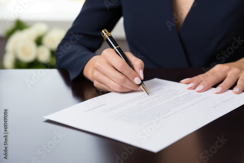 Woman Signing Prenuptial Agreement. Сoncept Legal Contracts, Marriage Documents, Financial Agreements, Relationship Boundaries, Preparing For Marriage photo