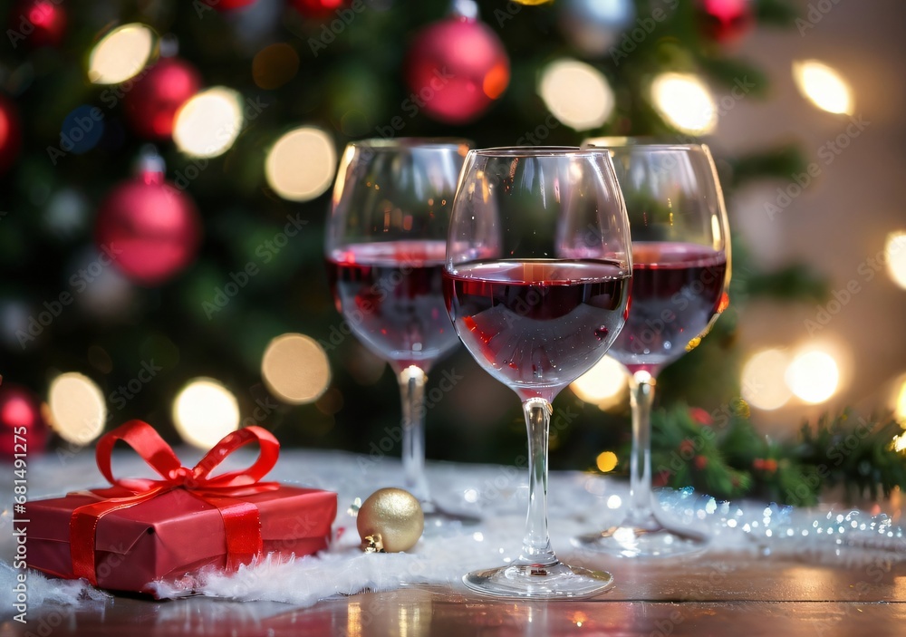 Christmas-Themed Wine Glasses On A Festive Table, With A Bokeh Light Background. Christmas-Themed Wine Glasses On A Festive Table, With A Bokeh Light Background.