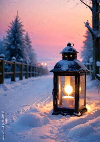 A Christmas Lantern On A Snowy Path, At Dusk. © Pixel Matrix