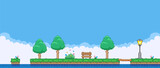 8bit colorful simple vector pixel art horizontal illustration of the cartoon bench on the island between deciduous trees in retro video game platformer level style