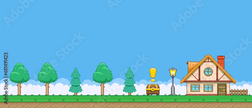 8bit colorful simple vector pixel art horizontal illustration of cartoon house and forest with quest treasure chest in retro video game platformer level style