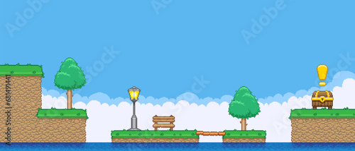 8bit colorful simple vector pixel art horizontal illustration of the cartoon 
 bench on island between deciduous trees and quest treasure chest in retro video game platformer level style
