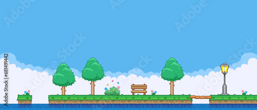 8bit colorful simple vector pixel art horizontal illustration of the cartoon bench on the island between deciduous trees in retro video game platformer level style