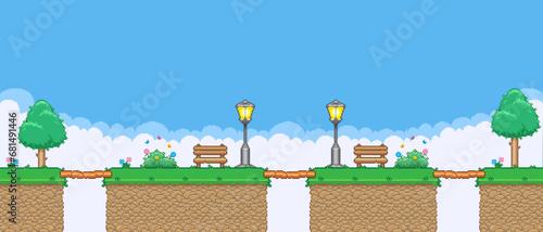 8bit colorful simple vector pixel art horizontal illustration of the benches, street lamps, trees and flowering bushes on high skeletons between bridges in retro video game platformer level style