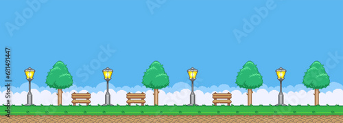 8bit colorful simple vector pixel art horizontal illustration of the cartoon park with benches, deciduous trees and street lamps in retro video game platformer level style