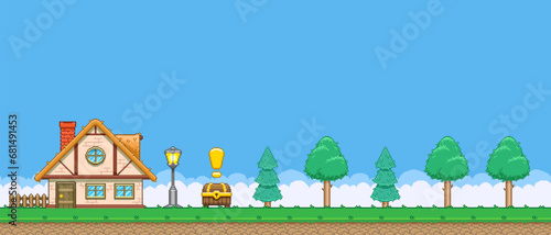 8bit colorful simple vector pixel art horizontal illustration of cartoon house and forest with quest treasure chest in retro video game platformer level style