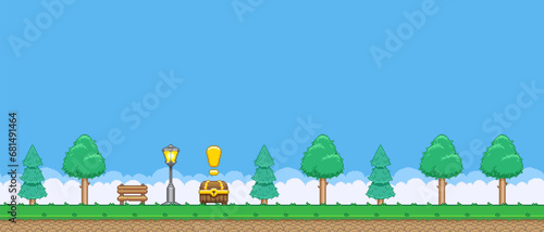 8bit colorful simple vector pixel art horizontal illustration of the park with bench, quest treasure chest, street lamps and coniferous and deciduous trees in retro video game platformer level style