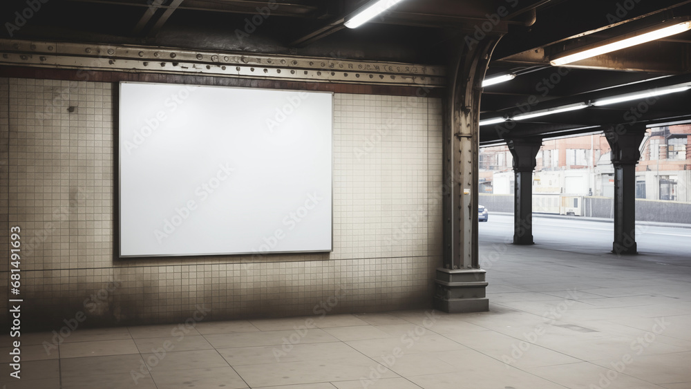 White picture frame hanging on the wall of an old subway station, canvas for advertising White picture frame hanging on the wall of an old subway station, canvas for advertising