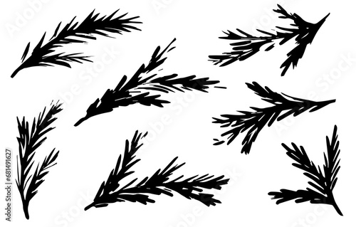 Hand drawn black paint Christmas trees. Ink drawing  in naive style, childish or primitive drawing.  illustration.  Black and white vector. 