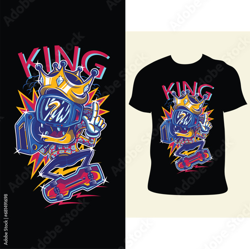 king typography urban retro style crown drawing with cartoon of boy jumping on His skateboard. vector illustration design for fashion graphics, t shirts
