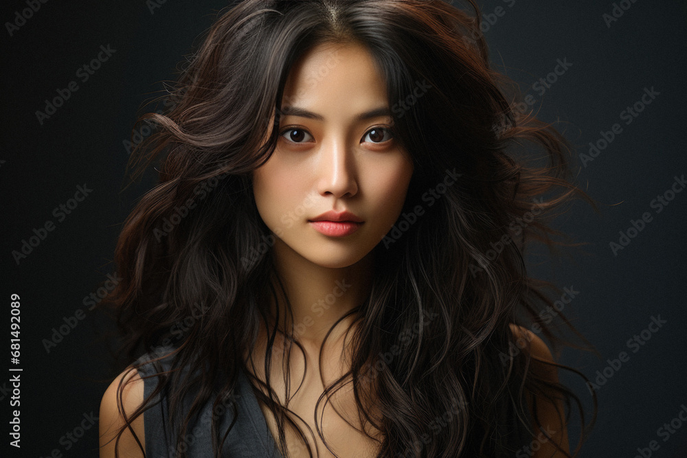 Obraz na płótnie Portrait of beautiful young asian woman with wavy hair on dark background. w salonie