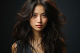 Portrait of beautiful young asian woman with wavy hair on dark background.
