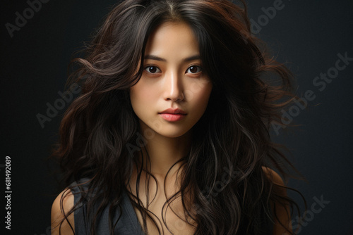 Portrait of beautiful young asian woman with wavy hair on dark background.