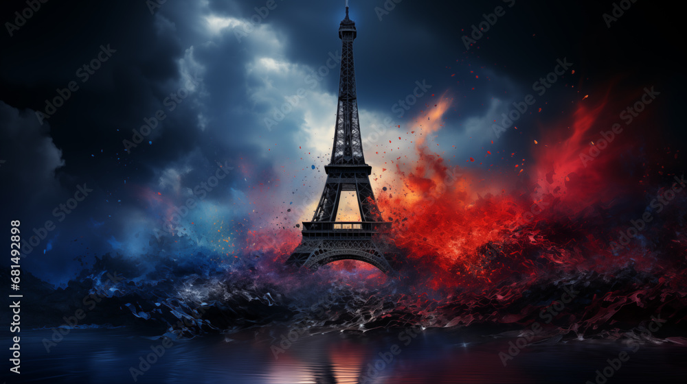 Eiffel tower in fire and smoke on a dark background.