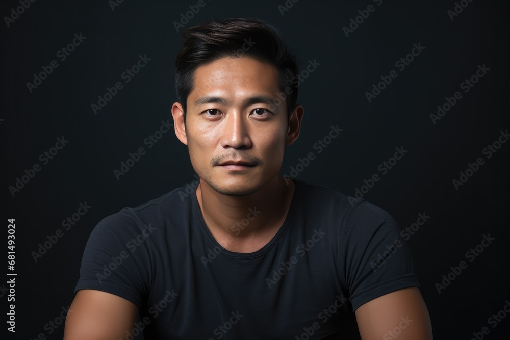 Asian Man Wearing Black Tshirt In Studio Portrait In Art Photorealism