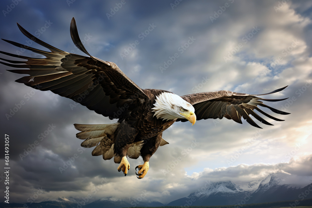 custom made wallpaper toronto digitalBald Eagle Soaring With Wide Spread Wings Cloud Background Photorealism. Сoncept Minimalistic Landscape, Golden Hour Sunset, City Skylines At Night, Beachside Retreat
