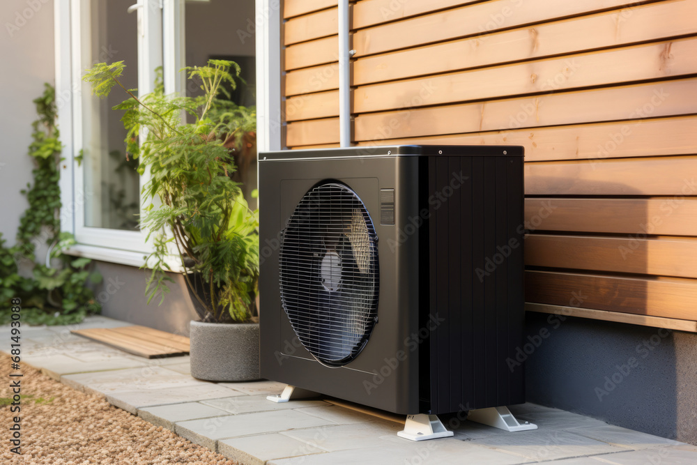 Air source heat pump installed at a contemporary residential property. Sustainable and clean energy at home. Generative AI Air source heat pump installed at a contemporary residential property. Sustainable and clean energy at home. Generative AI