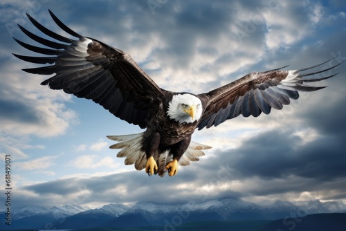Bald Eagle Soaring With Wide Spread Wings Cloud Background Photorealism