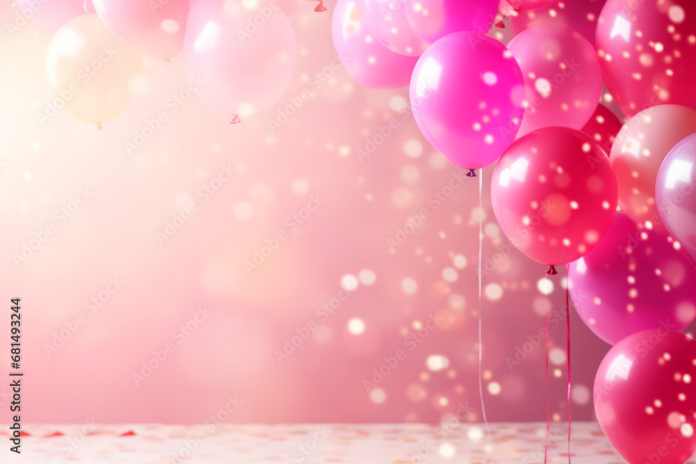 Pastel pink balloons and confetti for birthday. Birthday, holiday concept. Generative AI