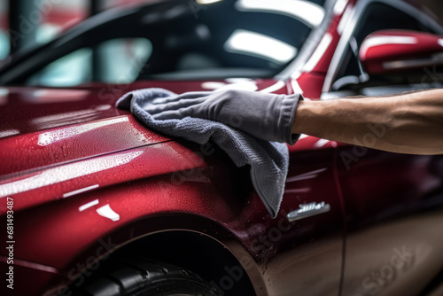 Man cleaning car with microfiber cloth. Car wash background. Generative AI