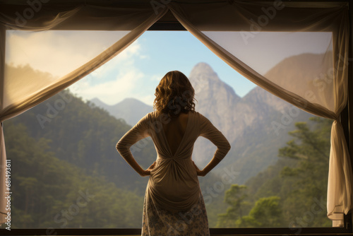 Woman standing at window in the morning and looking at mountain landscape. Generative AI