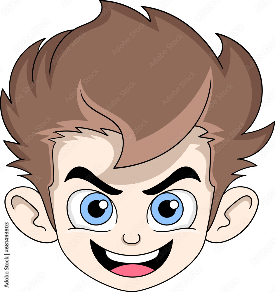 cartoon logo of a boy with a fierce face laughing and grinning