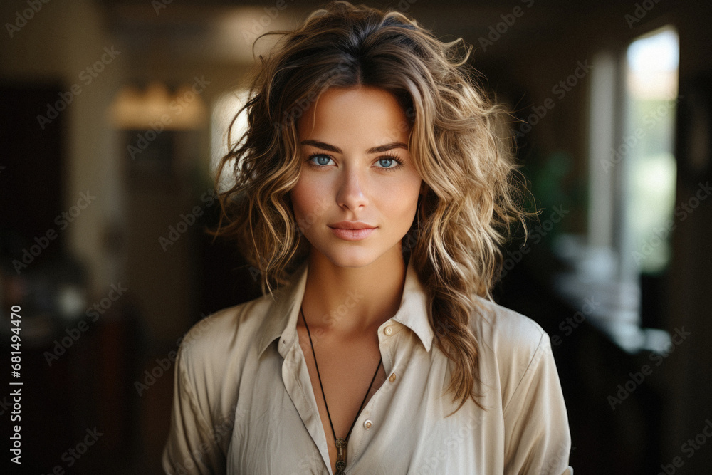 Portrait of a beautiful young woman with curly hair in a white shirt. Portrait of a beautiful young woman with curly hair in a white shirt.