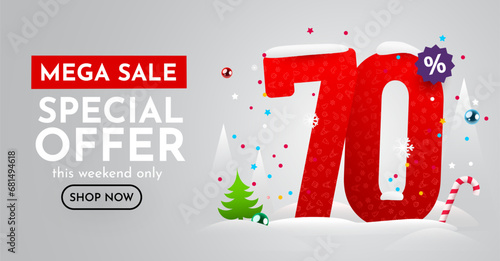70 percent Off. Discount creative composition. Merry Christmas and Happy New Year. Sale banner and poster.
