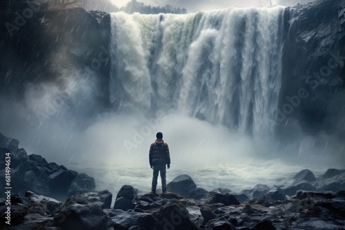 Man is sstanding in front of the waterfall. Beautiful wildlife.