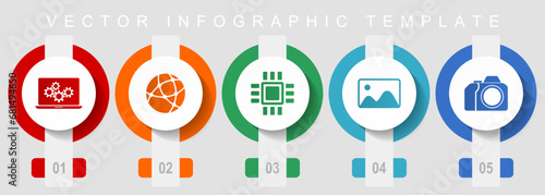 Computer and technology flat design icon set, miscellaneous icons such as laptop, network, chip, image and photo camera, vector infographic template, web buttons collection