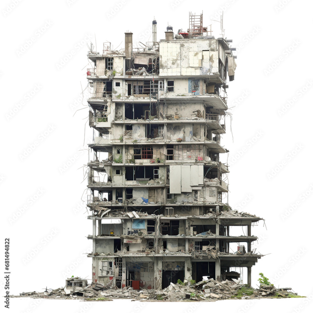 A ruined skyscraper, destruction, war, earthquake.