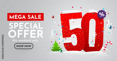 50 percent Off. Discount creative composition. Merry Christmas and Happy New Year. Sale banner and poster.