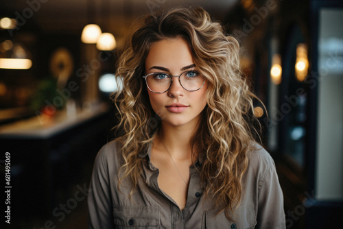 Portrait of beautiful young woman with curly hair wearing glasses in cafe.