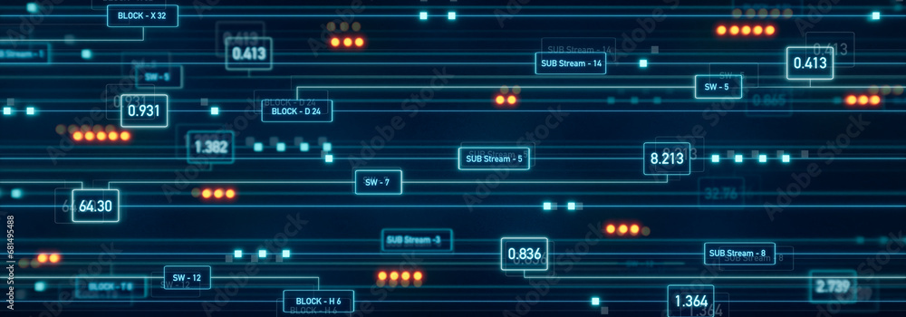 Node tree. Digital switch board with signal lights. Industry, data, blocks, switches, connections, technology. Control center concept. 3D illustration